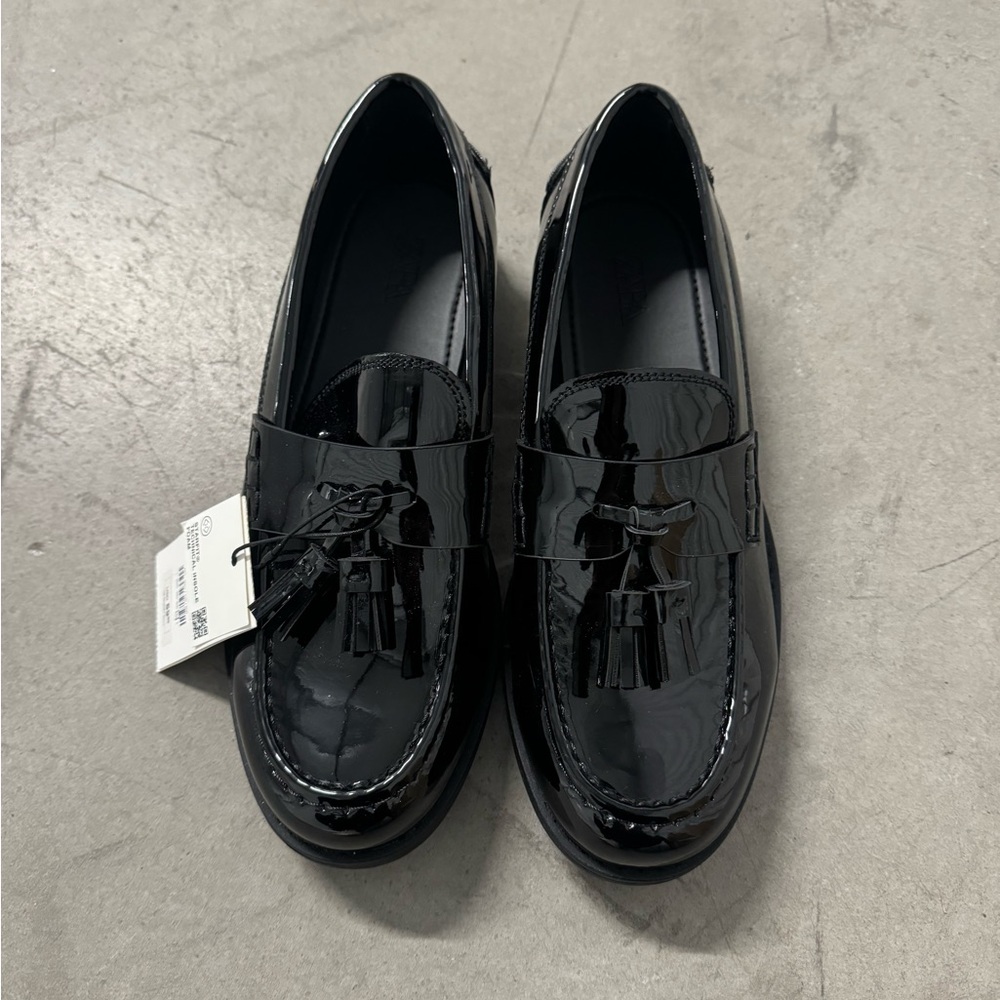 BNWT Zara Black Patent Loafers with Tassels